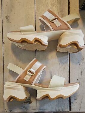 Sorel Cream and Tan Platform Sandals with Gold Buckle